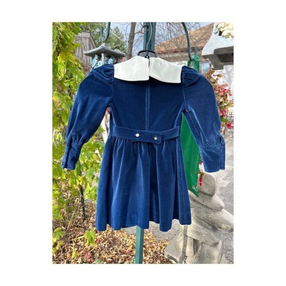 Vtg 70s Manhatten Blue Velvet Party Dress Ivory Satin Sailor Collar Princess Sz - Picture 2 of 10
